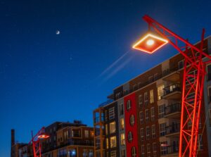 The port of Noblessner in Tallinn. Colourful new buildings and the night sky with starts