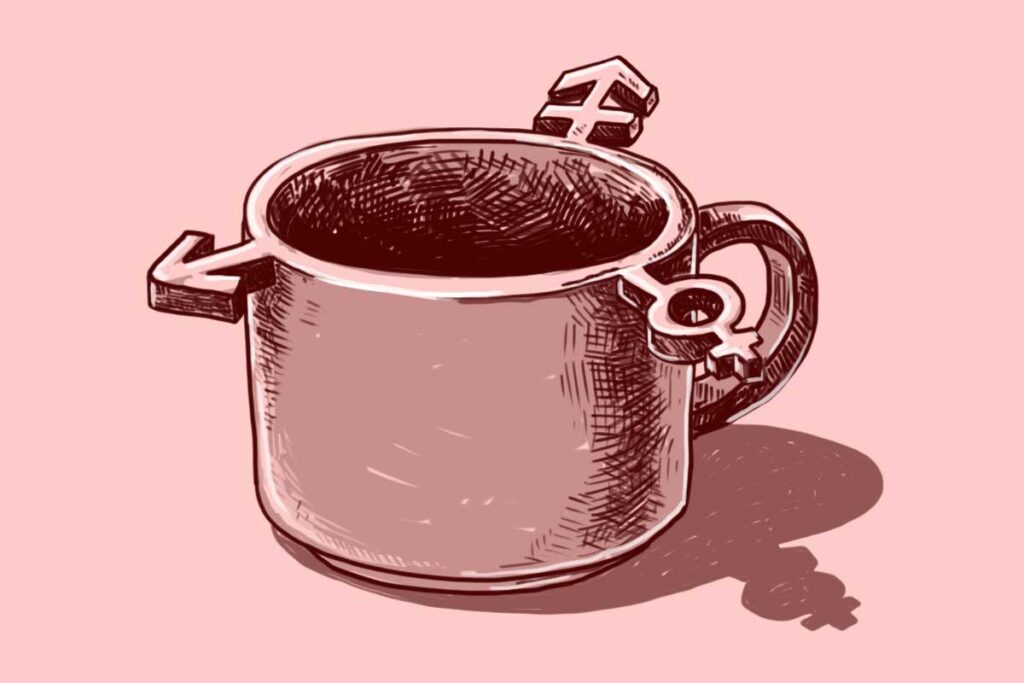 Illustratsioonil on roosakal taustal tühi kruus, mille külge ja servale on kinnitatud erinevad sugusid märkivad sümbolid. Kruus on seest tume ja näib olevat ilma põhjata, sümboliseerides mõistet, millele saab omistada väga erinevaid tähendusi ja hirme.