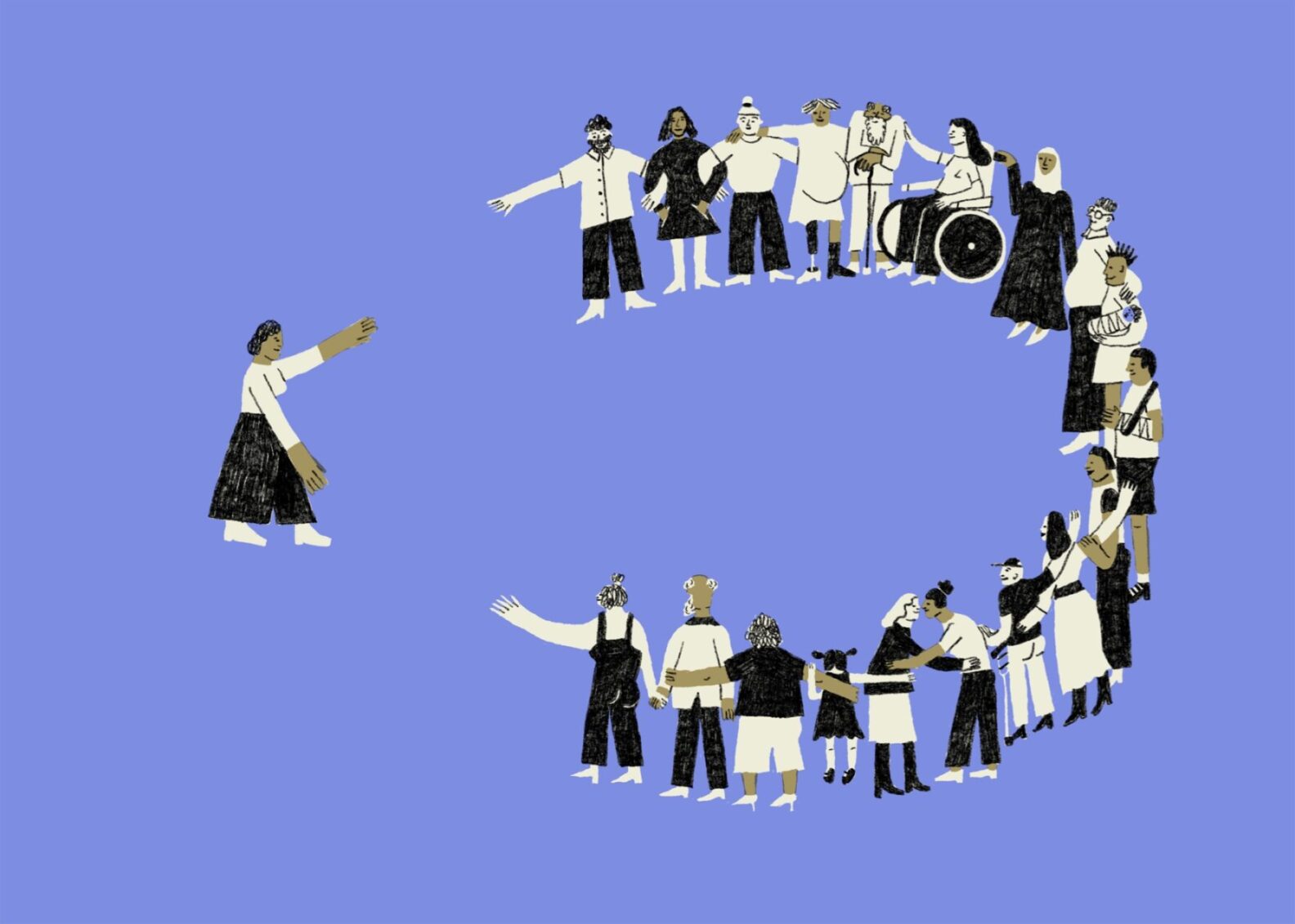 Illustratsioon sinisel taustal: mitmekesine rühm inimesi (sh ratastoolikasutaja, lapsed ja eri nahatoonidega inimesed) seisavad ringis hoides kätest kinni, moodustades peaaegu täieliku ringi; üks inimene on ringist eraldi ja sirutab käed teiste poole. Pildiallkiri ütleb: Kui solidaarsus muutub tingimuslikuks, jääb keegi alati ringist välja. Illustratsioon: Rozalina Burkova