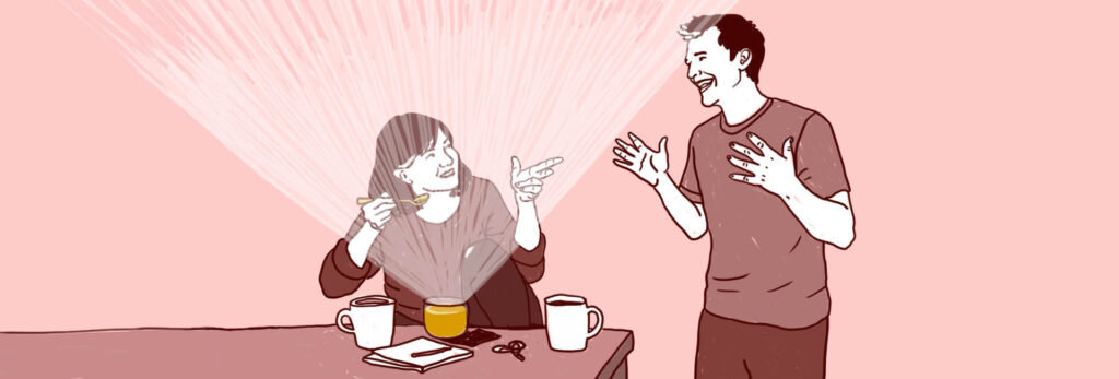 Naine söömas suppi ja rääkimas mehega. Supist kiirgab valgus.