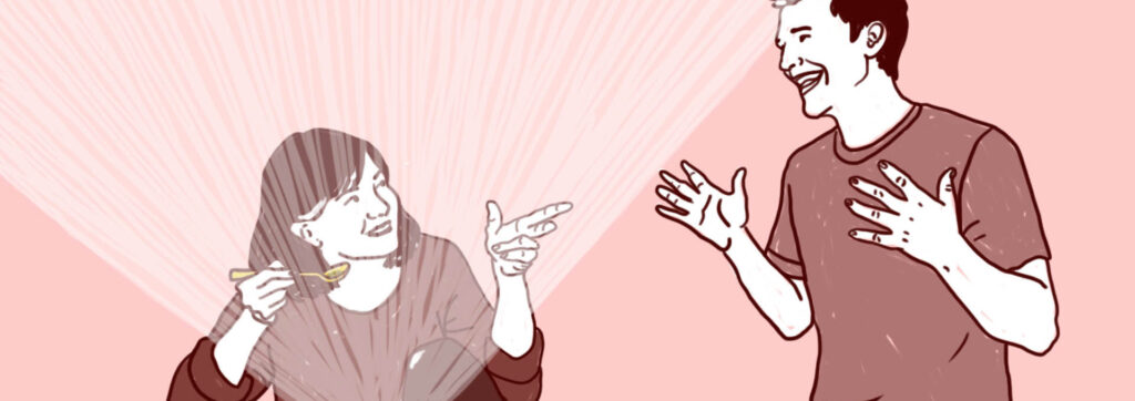 Naine söömas suppi ja mehega rääkimas. Supist kiirgab valgus naise näo peale.