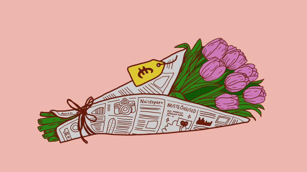 Illustratsioon: lilla tulbikimp on mähitud ajalehelehtedesse, millel on näha tekstid 