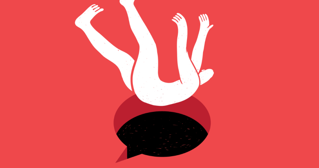 Punasel taustal illustratsioon valgest inimfiguurist, kes kukub selg ees musta kõnemulli sisse, viidates internetifoorumitele ja ideoloogiliste kogukondade mõjule.