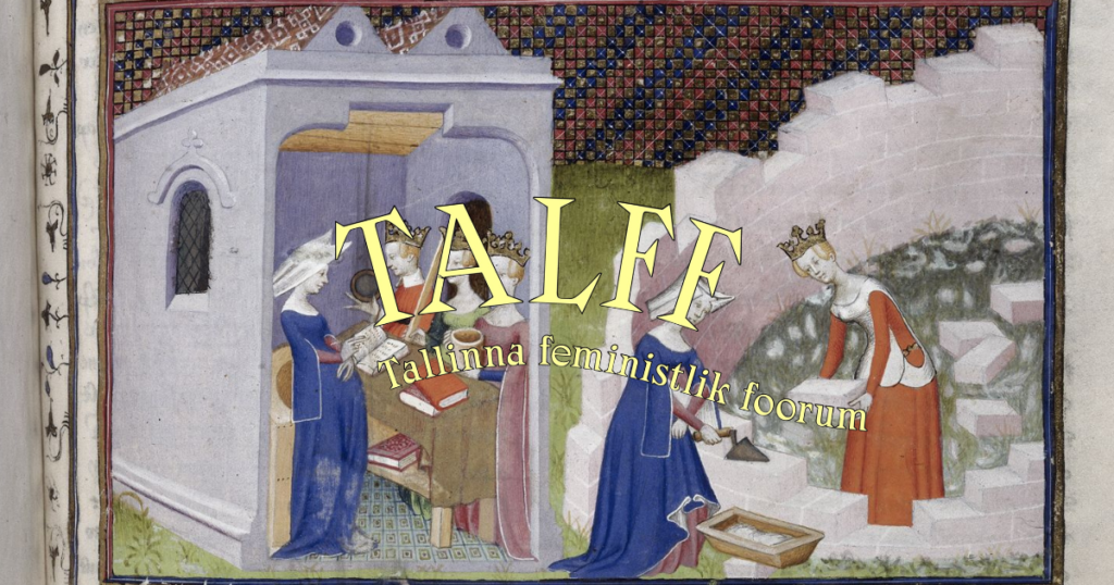 Joonistus keskasegsetest naistest ehitamas müüri. Kõrval olevas majas loevad naised raamatuid.