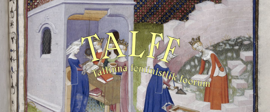 Joonistus keskasegsetest naistest ehitamas müüri. Kõrval olevas majas loevad naised raamatuid.