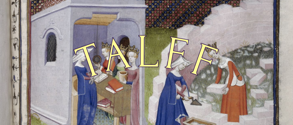 Foto keskasegsetest naistest ehitamas müüri. Kõrval olevas majas loevad naised raamatuid.