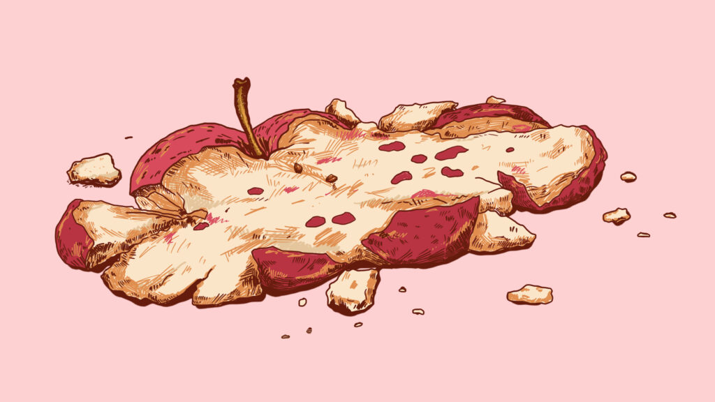 Illustratsioon õunast, mis on laiaks litsutud. Ümber õuna on pudenenud väikesed koorejupid ja tükid. Taust on heleroosa. Joonistusstiil meenutab käsitsi tehtud visandit detailse varjutusega.