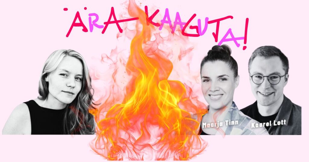 Greta Roosaar, Maarja Tinn ja Kaarel Lott. Nende vahel on leek ja tekst 