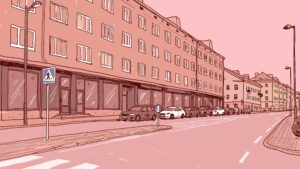 Roosades toonides joonistusel on Narva Puškini tänav.