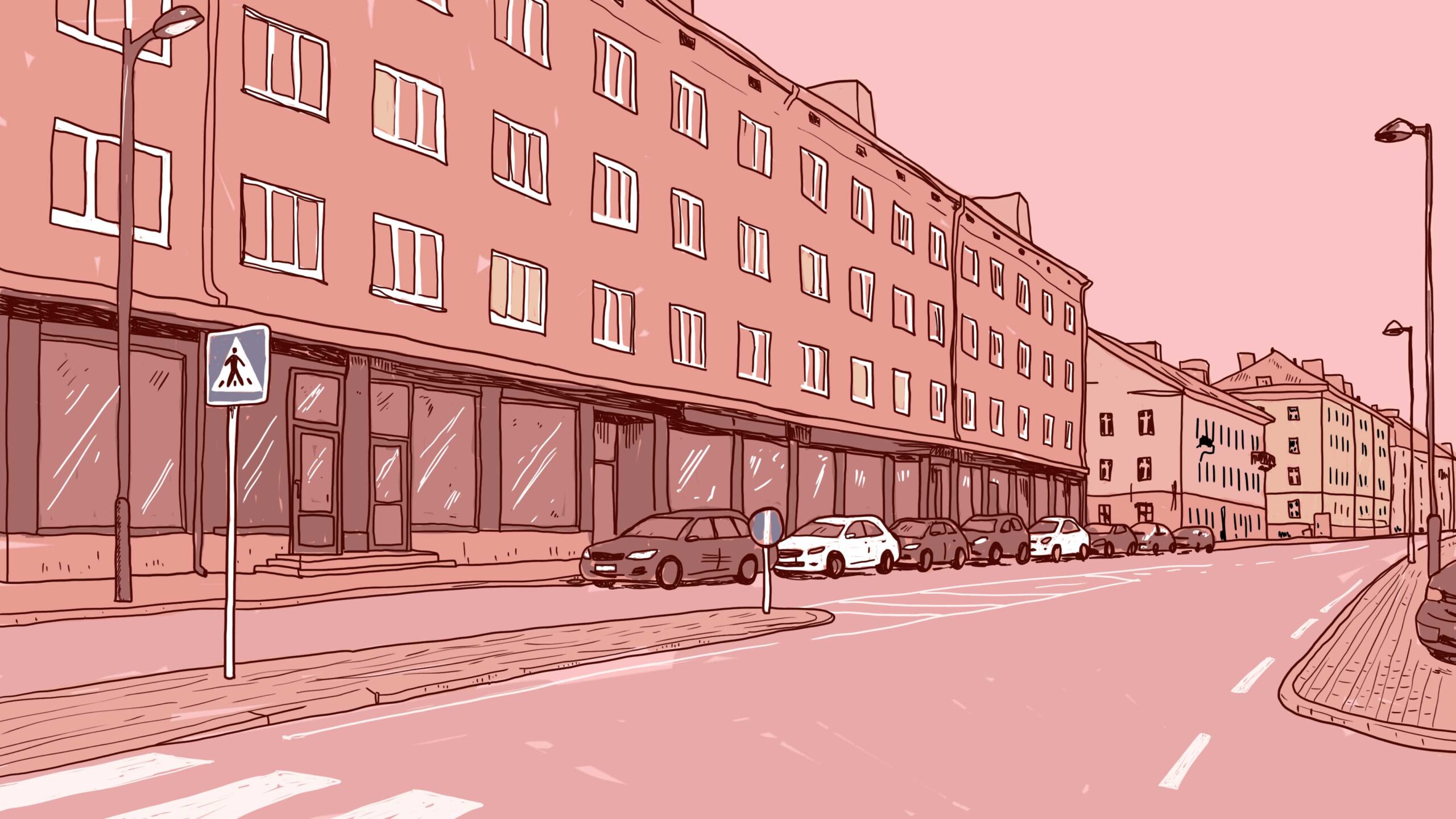 Roosades toonides joonistusel on Narva Puškini tänav.
