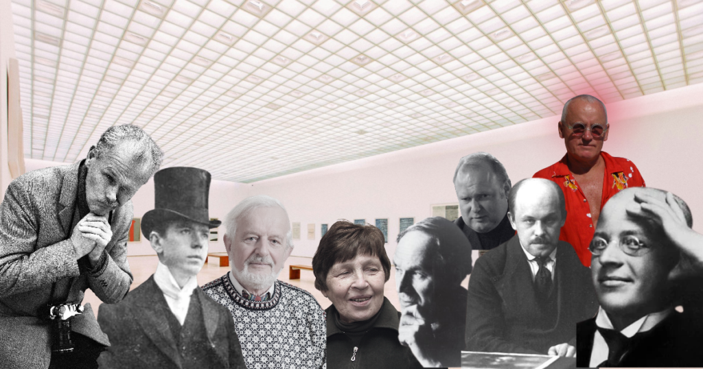 Artiklis mainitavad kunstnikud asetatuna kõrvuti. Taustal on näha valget galeriid.
